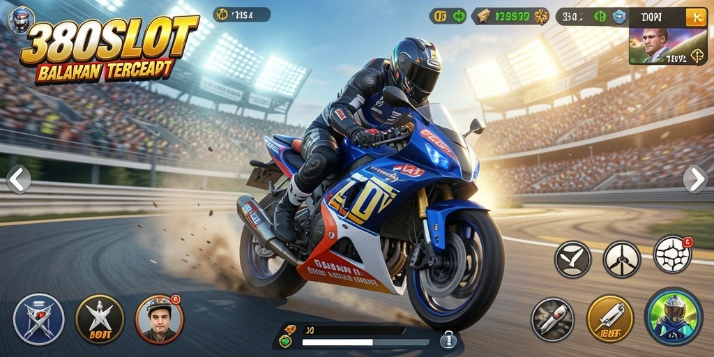 Tampilan gameplay seru dalam 380SLOT dengan motor balap yang cepat.