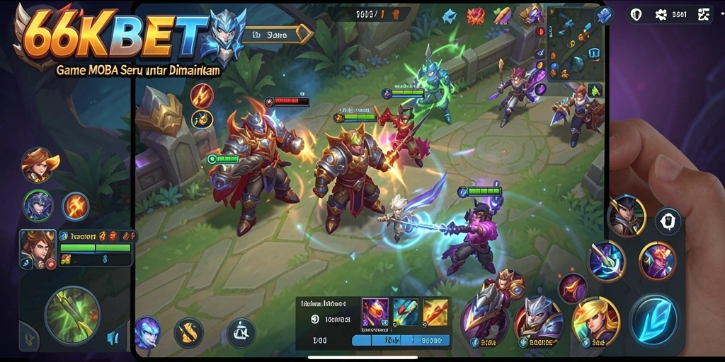 Screenshot gameplay 66KBET menampilkan aksi pertandingan MOBA yang seru.