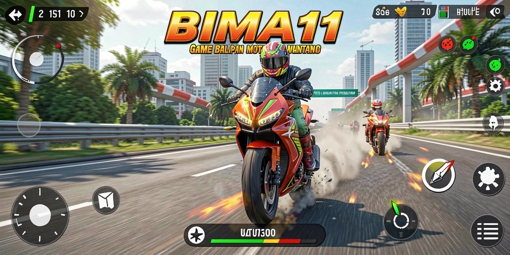 Tangkapan layar utama BIMA11 menunjukkan aksi balapan motor yang mendebarkan.