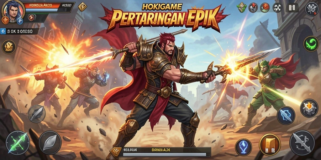 Gameplay HOKIGAME menampilkan pertarungan seru antar karakter.