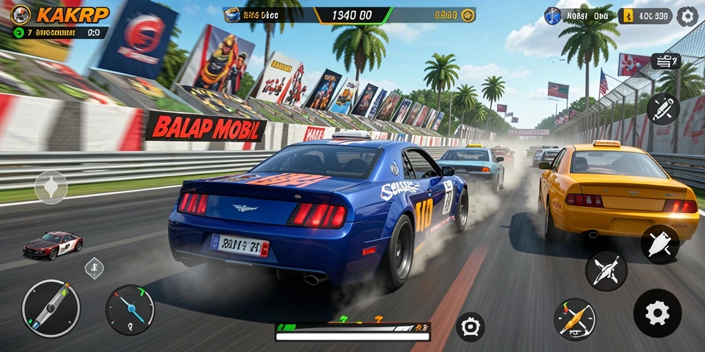 Gameplay intens KAKRP dengan mobil balap beraksi di trek.