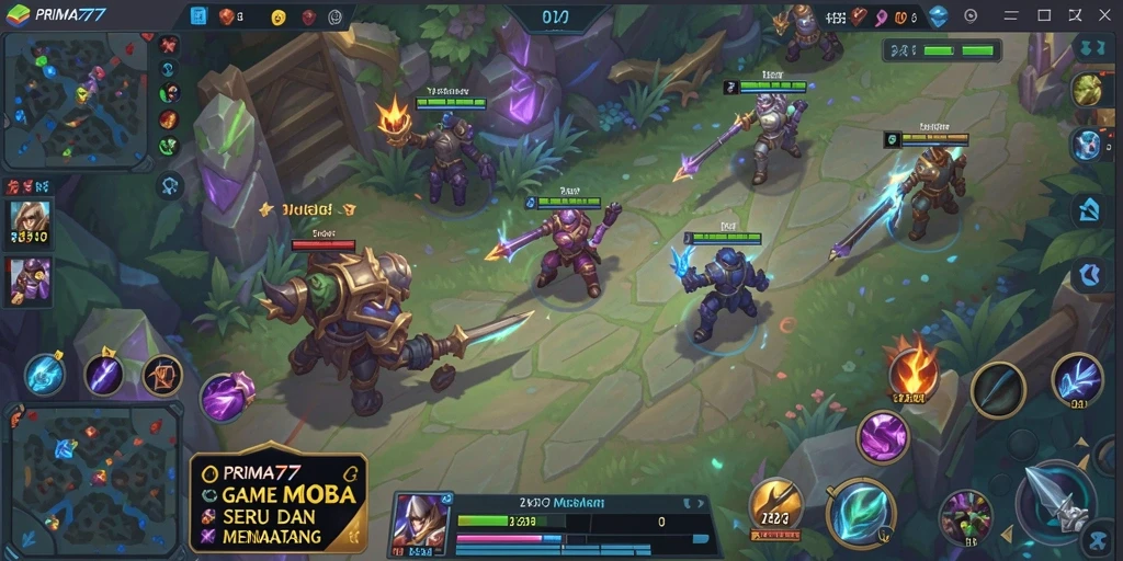 Tangkapan layar utama PRIMA77 menunjukkan aksi seru dalam gameplay MOBA.