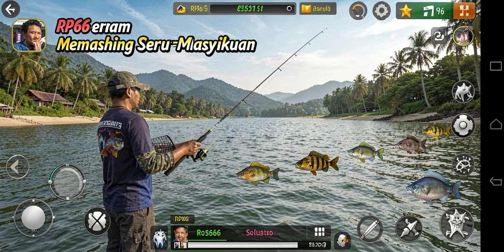 Screenshot gameplay RP66 menampilkan aksi seru saat memancing ikan.