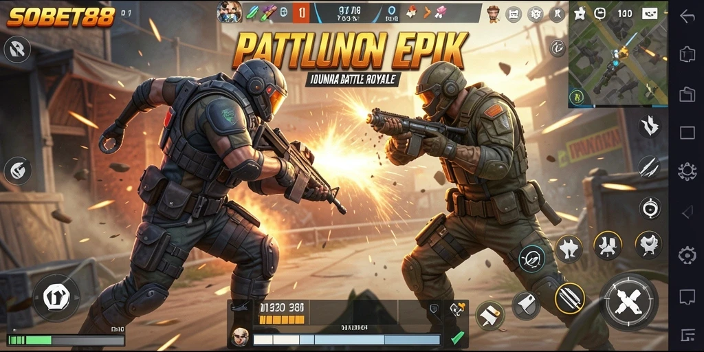 Tampilan permainan <strong>SOBET88</strong> yang menampilkan aksi intens Battle Royale.