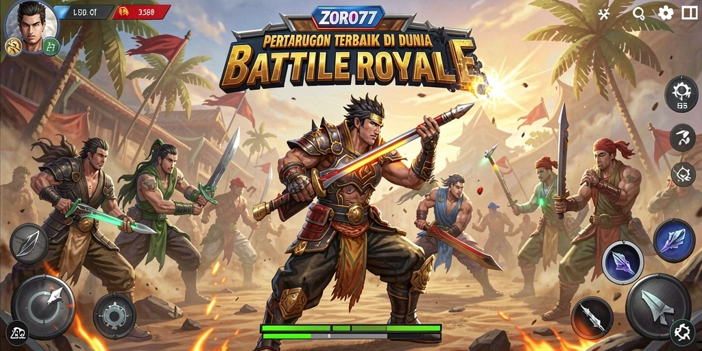 Tampilan gameplay ZORO77 penuh aksi Battle Royale yang mendebarkan.